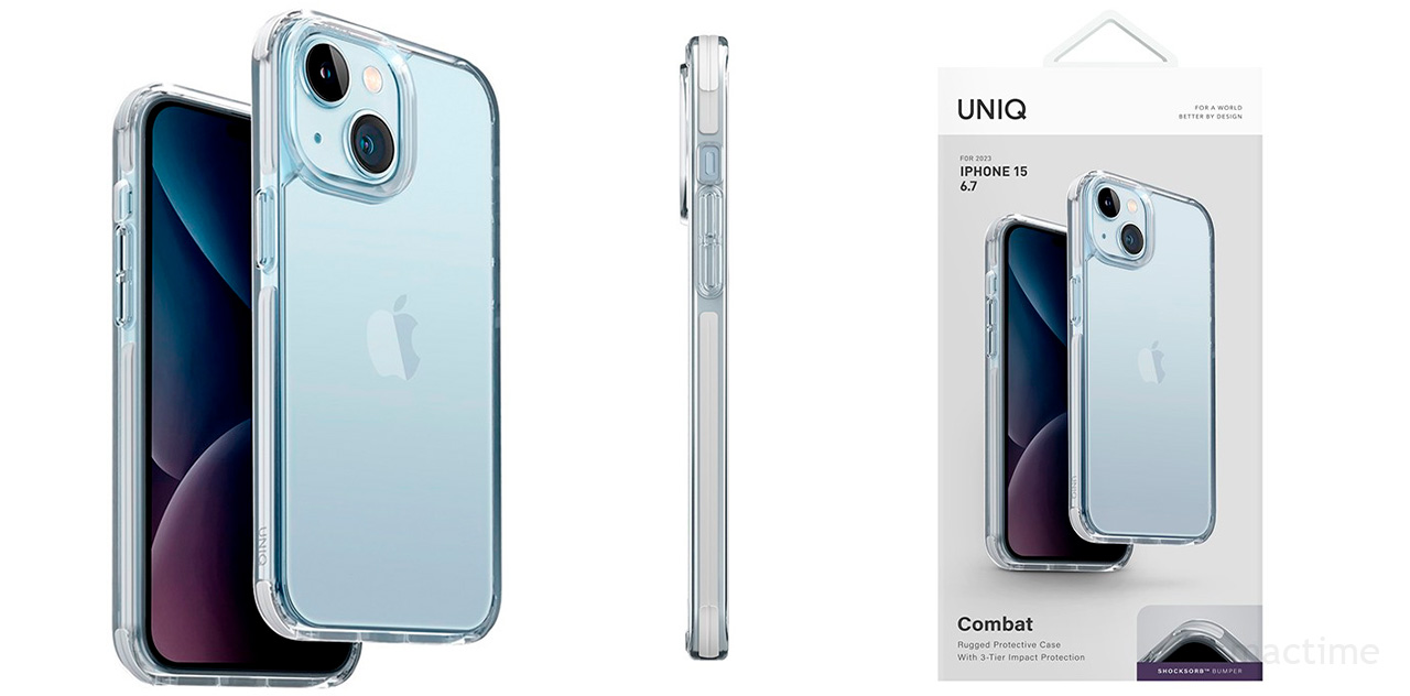 Стильный прозрачный чехол Uniq Combat для iPhone 15 Plus с белыми рамками